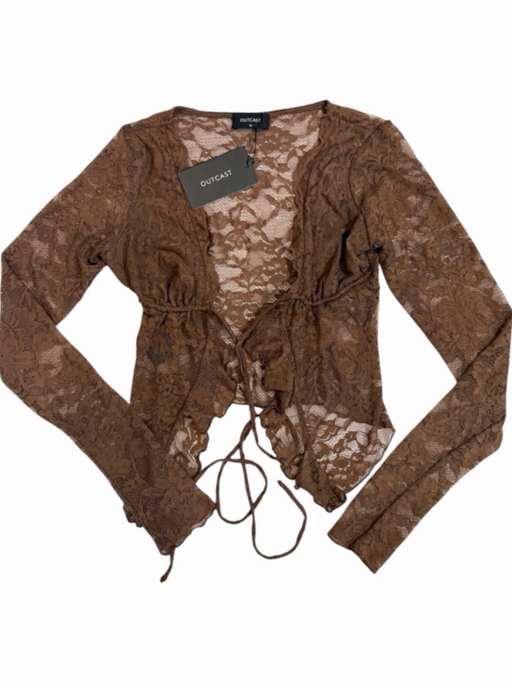 Outcast Women’s Lace Tie Front Blouse Top Size Medium Coquette In Brown NWT